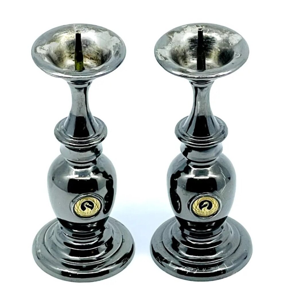 VTG MCM Japan Silver Plate Pair of Crane Shabbat Candlestick Holders Pricket 5"